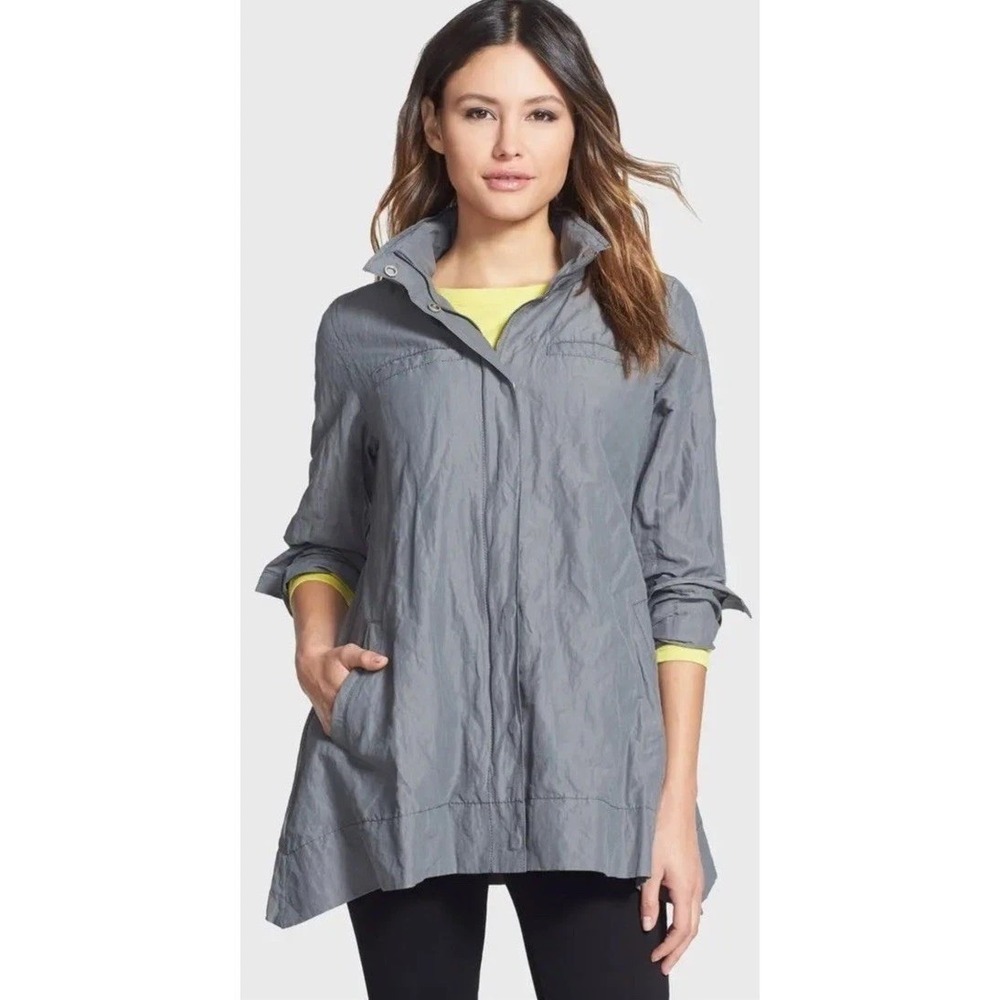 Eileen Fisher Sz Med Hooded Rain Jacket Womens  Gray Full Zip Snap Lightweight